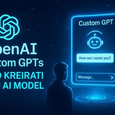 Futuristička ilustracija prikazuje koncept OpenAI Custom GPTs sa digitalnim interfejsom i stilizovanim elementima veštačke inteligencije