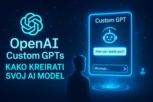 Futuristička ilustracija prikazuje koncept OpenAI Custom GPTs sa digitalnim interfejsom i stilizovanim elementima veštačke inteligencije